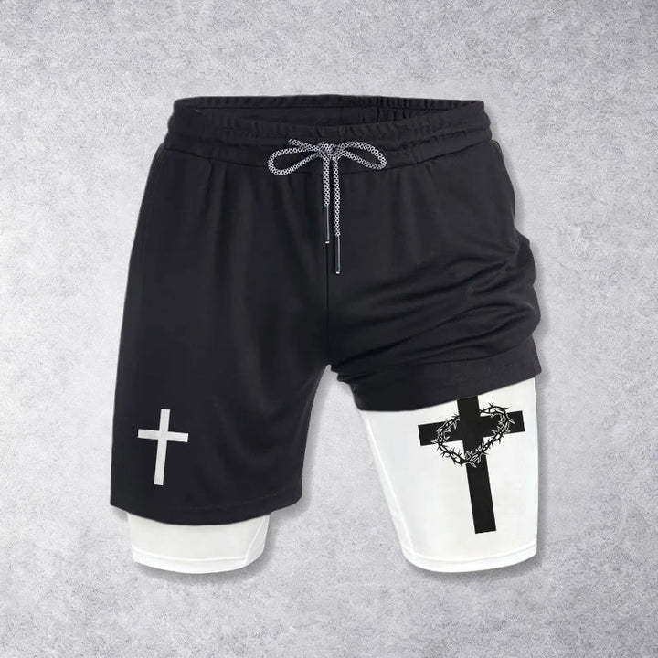 Christianartworkshop Pantaloncini sportivi a due strati con doppio simbolo di croce e motivi devozionali. - image 1