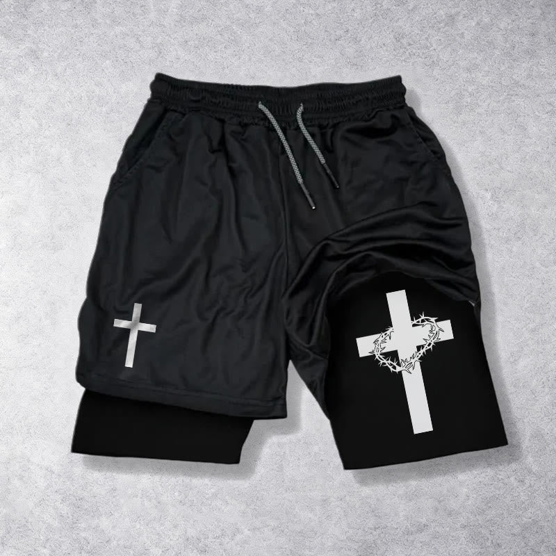 Christianartworkshop Pantaloncini sportivi a due strati con doppio simbolo di croce e motivi devozionali. - Nero - 3XL - image 9