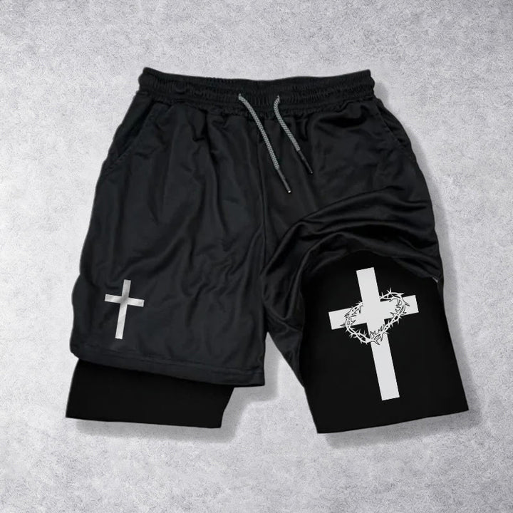Christianartworkshop Pantaloncini sportivi a due strati con doppio simbolo di croce e motivi devozionali. - Nero - 3XL - image 9