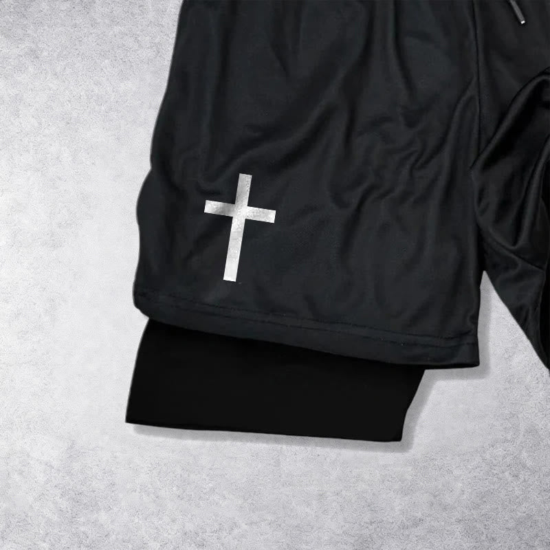 Christianartworkshop Pantaloncini sportivi a due strati con doppio simbolo di croce e motivi devozionali. - image 11