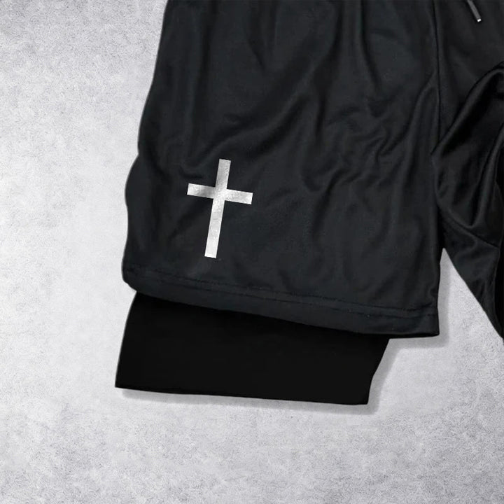 Christianartworkshop Pantaloncini sportivi a due strati con doppio simbolo di croce e motivi devozionali. - image 11