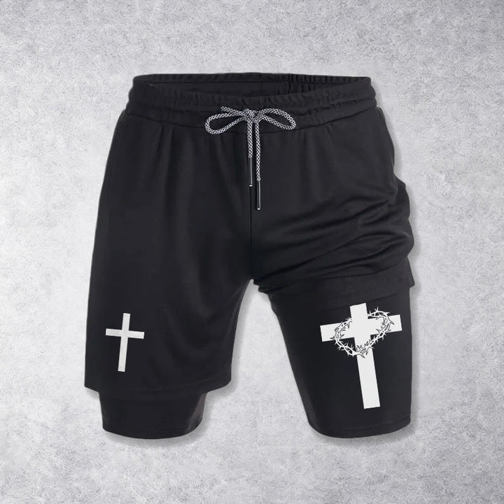Christianartworkshop Pantaloncini sportivi a due strati con doppio simbolo di croce e motivi devozionali. - image 10