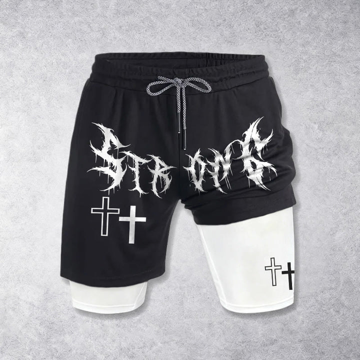 Christianartworkshop Pantaloncini Faith con coulisse e doppia croce in carattere gotico forte e deciso, stampa doppia abbinata. - image 1