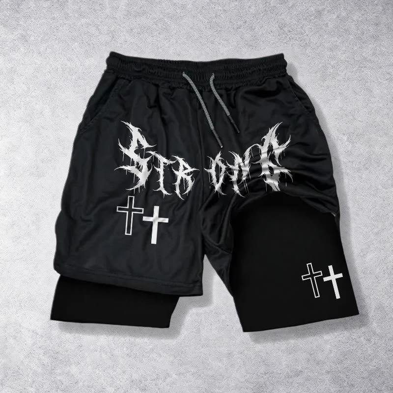 Christianartworkshop Pantaloncini Faith con coulisse e doppia croce in carattere gotico forte e deciso, stampa doppia abbinata. - Nero - 3XL - image 9