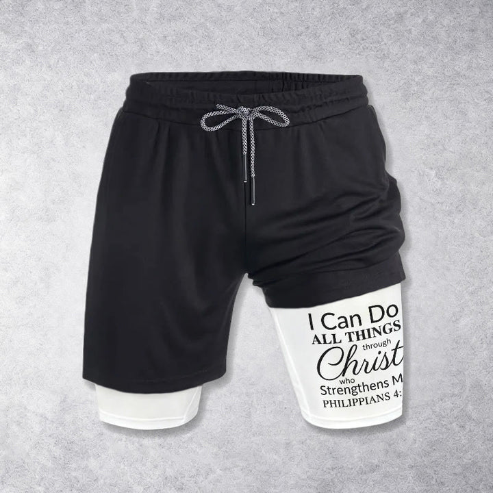 Christianartworkshop Senza tempo Posso fare ogni cosa in Cristo Versetto completo Pantaloncini sportivi a doppio strato con coulisse Fede - image 1