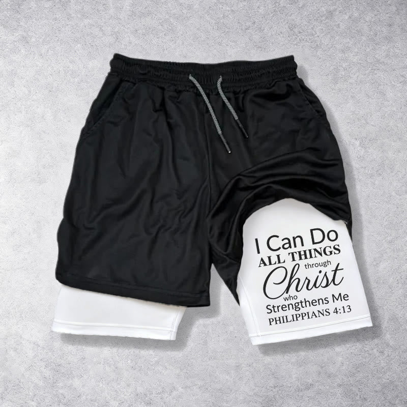 Christianartworkshop Senza tempo Posso fare ogni cosa in Cristo Versetto completo Pantaloncini sportivi a doppio strato con coulisse Fede - Bianco - 3XL - image 0