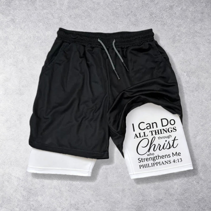 Christianartworkshop Senza tempo Posso fare ogni cosa in Cristo Versetto completo Pantaloncini sportivi a doppio strato con coulisse Fede - Bianco - 3XL - image 0