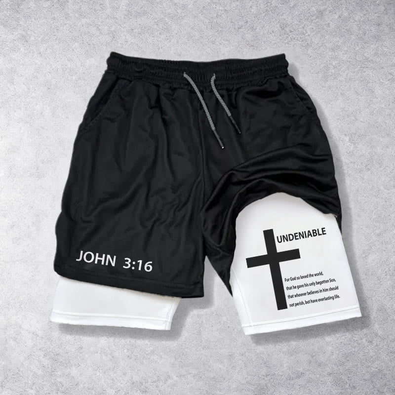 Christianartworkshop Giovanni 3:16 Croce esterna innegabile Versetto completo Pantaloncini della fede a due strati interni con coulisse - Bianco - 3XL - image 0