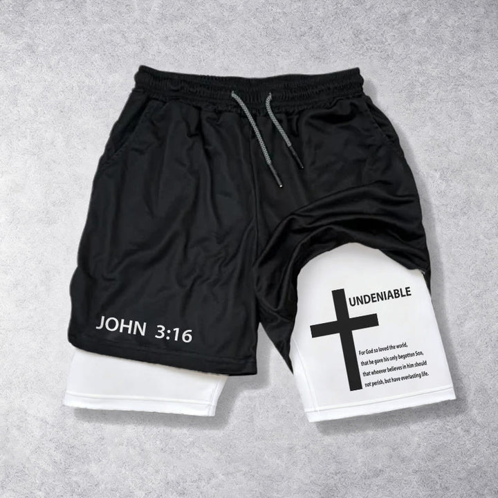 Christianartworkshop Giovanni 3:16 Croce esterna innegabile Versetto completo Pantaloncini della fede a due strati interni con coulisse - Bianco - 3XL - image 0