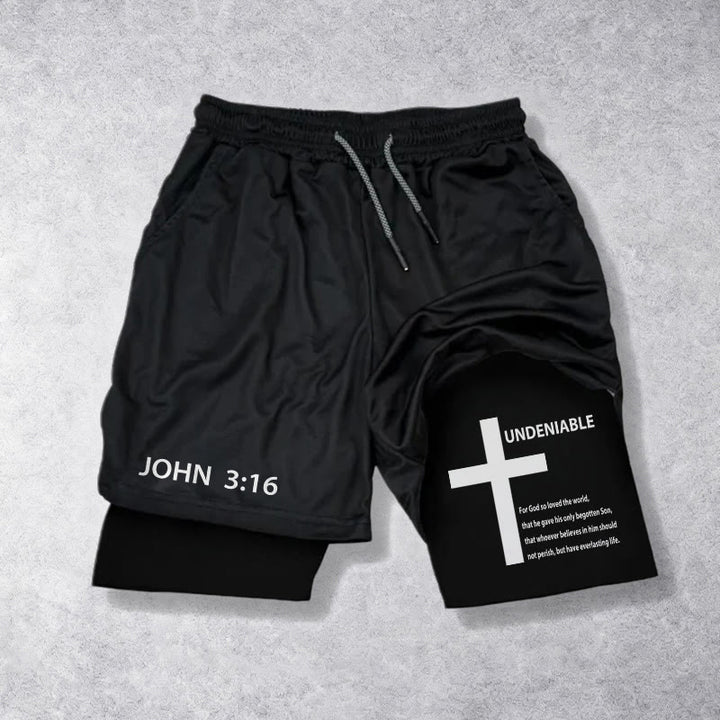Christianartworkshop Giovanni 3:16 Croce esterna innegabile Versetto completo Pantaloncini della fede a due strati interni con coulisse - Nero - 3XL - image 9
