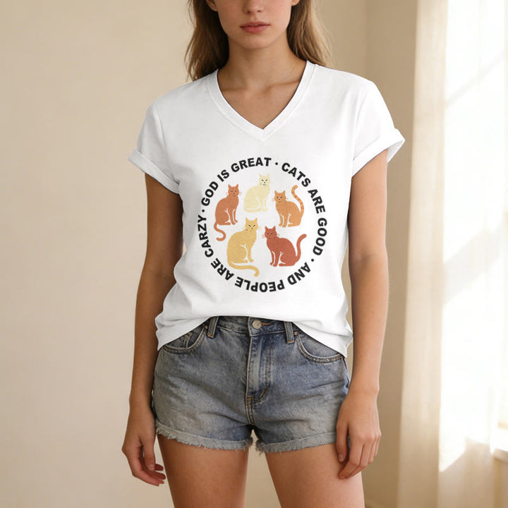 Christianartworkshop Divertente maglietta casual con scollo a V per amanti dei gatti cristiani con slogan circolare e stampa di un gruppo di gattini in diverse tonalità. - image 21