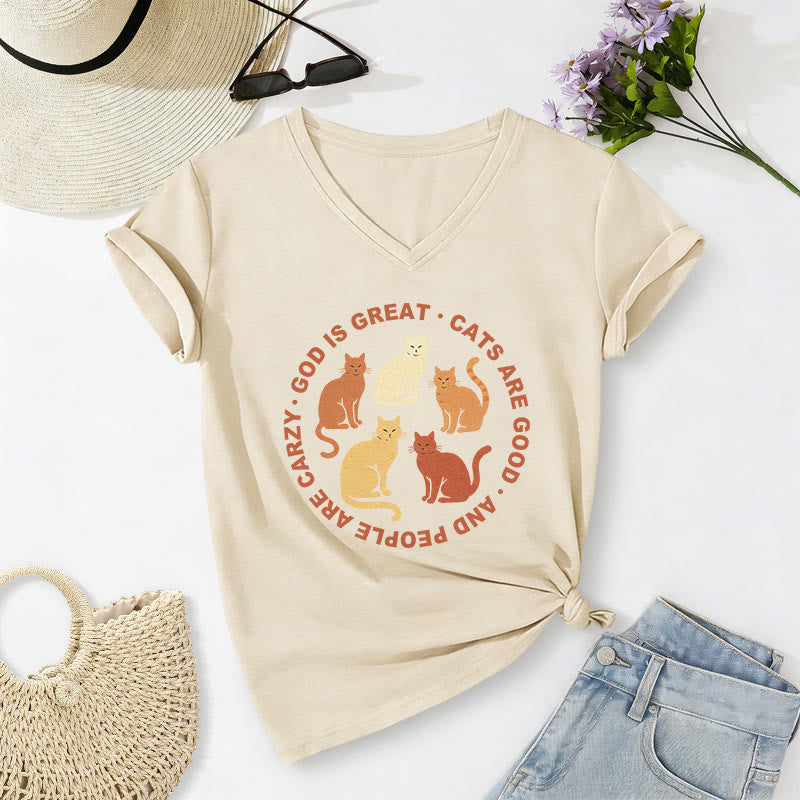 Christianartworkshop Divertente maglietta casual con scollo a V per amanti dei gatti cristiani con slogan circolare e stampa di un gruppo di gattini in diverse tonalità. - Beige - 2XL - image 6