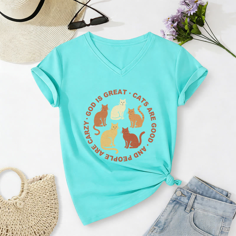 Christianartworkshop Divertente maglietta casual con scollo a V per amanti dei gatti cristiani con slogan circolare e stampa di un gruppo di gattini in diverse tonalità. - Blu celeste - 2XL - image 22