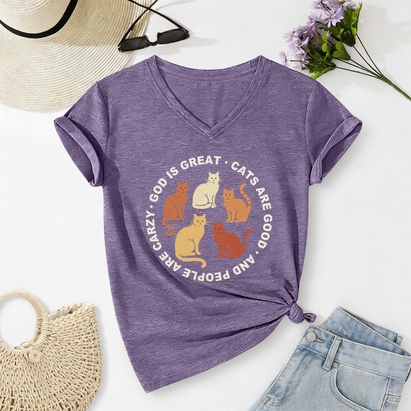 Christianartworkshop Divertente maglietta casual con scollo a V per amanti dei gatti cristiani con slogan circolare e stampa di un gruppo di gattini in diverse tonalità. - Viola - 2XL - image 0