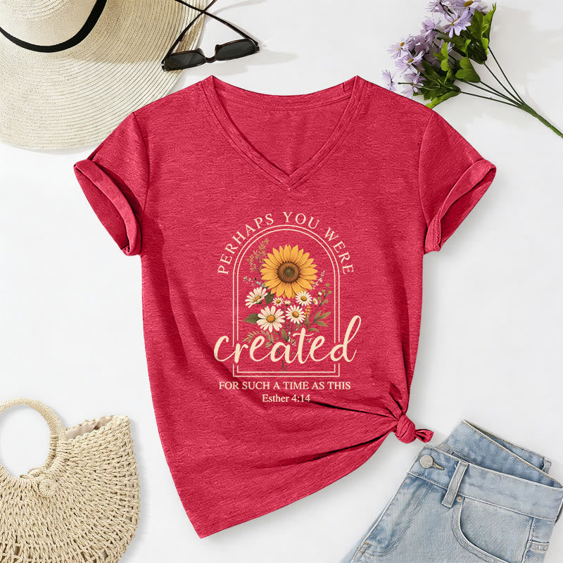 Christianartworkshop Maglietta casual con scollo a V e citazione biblica "Vintage Arch Sunflower Daisy Bouquet" (Ester 4:14). - Rosso - 2XL - image 0