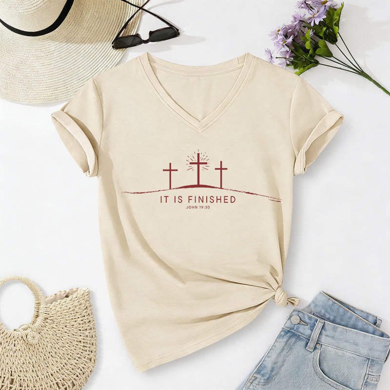Christianartworkshop È compiuto Tre croci del Calvario Giovanni 19:30 Maglietta casual con scollo a V e grafica minimalista - Beige - 2XL - image 0