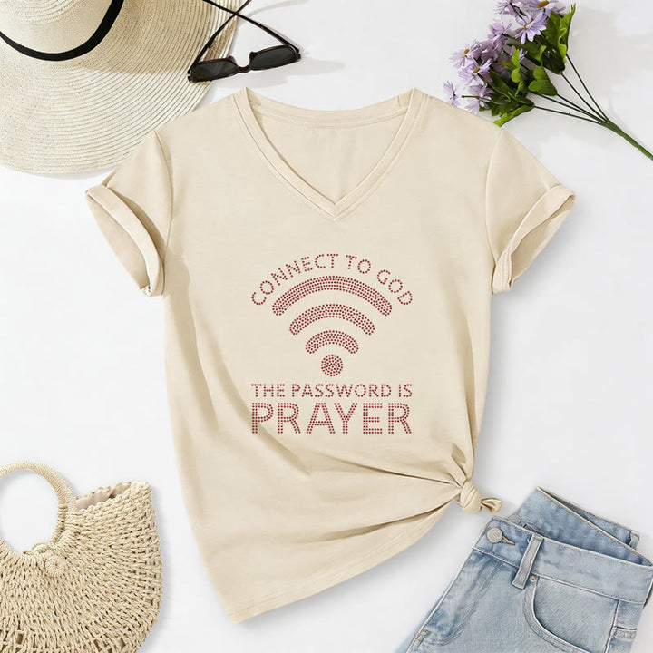 Christianartworkshop Connettiti a Dio Simbolo Wifi La password è Preghiera Fede Grafica Casual T-shirt con scollo a V. - Beige - 2XL - image 2