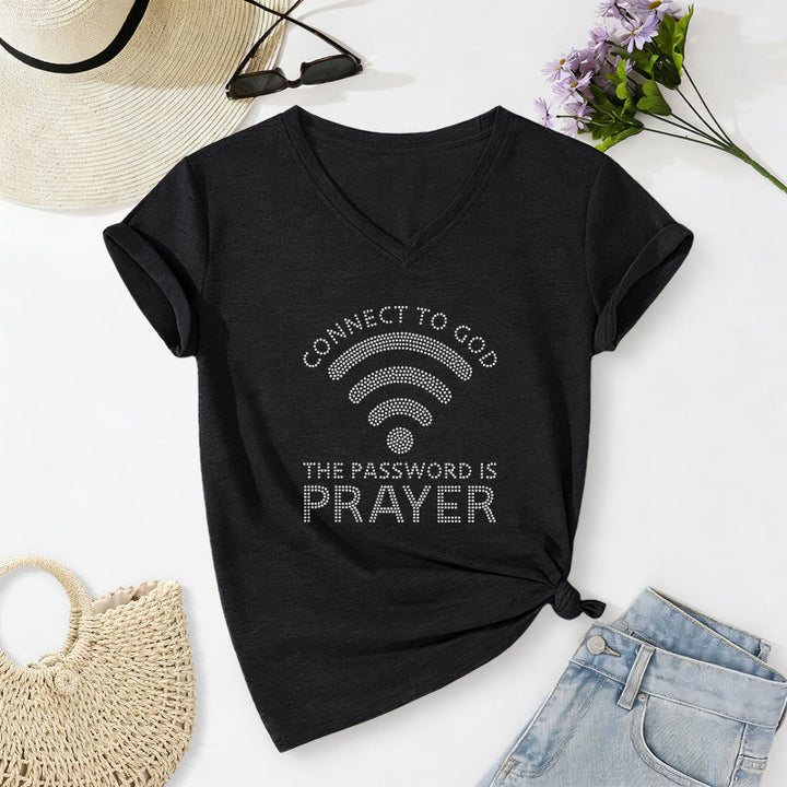 Christianartworkshop Connettiti a Dio Simbolo Wifi La password è Preghiera Fede Grafica Casual T-shirt con scollo a V. - Nero - 2XL - image 0