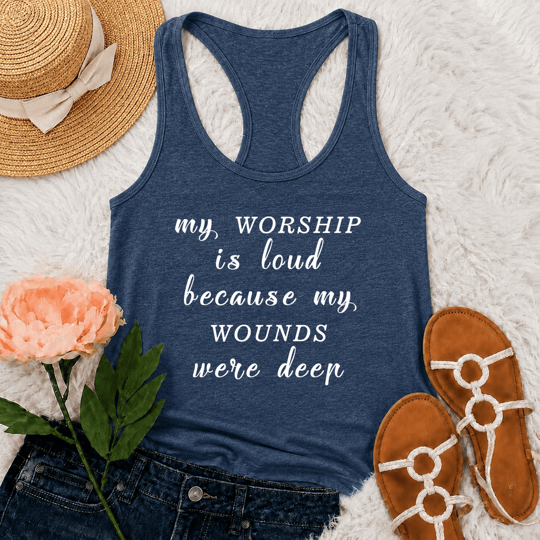Christianartworkshop La mia adorazione è forte perché le mie ferite erano profonde. Canotta con spalline incrociate e testo ispiratore in caratteri misti. - Blu navy - 2XL - image 18