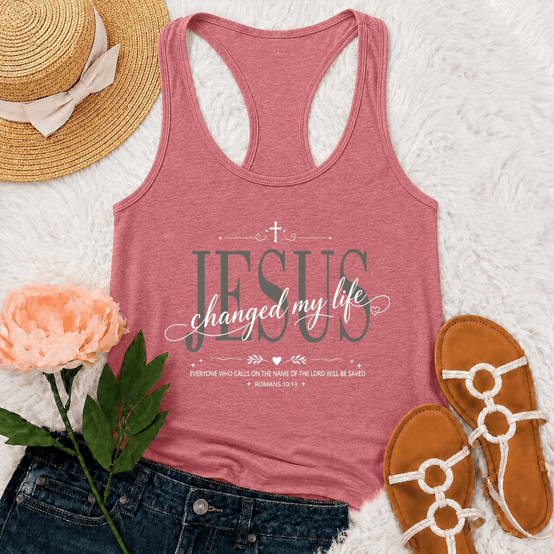 Christianartworkshop Canotta da corsa con grafica a croce e cuore con scritta "Gesù ha cambiato la mia vita" in doppio carattere, con cornice decorativa, Romani 10:13. - Rosa - 2XL - image 0