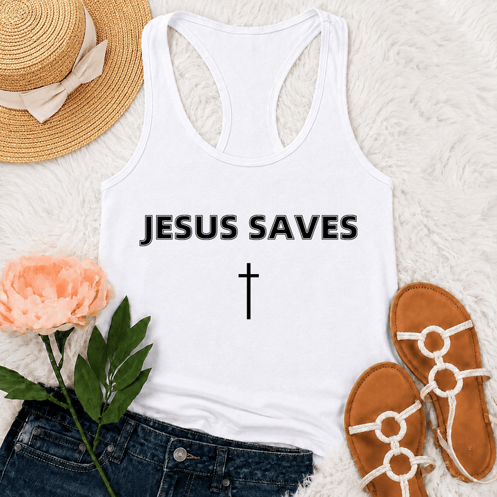 Christianartworkshop Canotta da corsa con scritta "Jesus Saves Bold Block Letter Simple Vertical Cross Minimal Graphic Racerback" - Bianco - 2XL - image 12