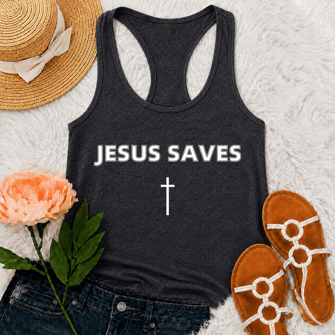 Christianartworkshop Canotta da corsa con scritta "Jesus Saves Bold Block Letter Simple Vertical Cross Minimal Graphic Racerback" - Grigio - 2XL - image 15