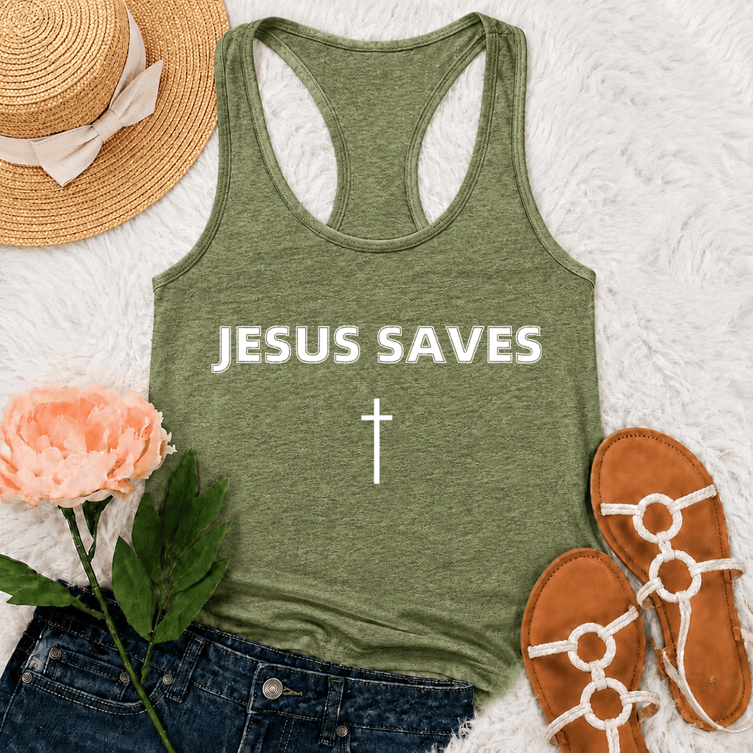 Christianartworkshop Canotta da corsa con scritta "Jesus Saves Bold Block Letter Simple Vertical Cross Minimal Graphic Racerback" - Verde oliva - 2XL - image 27
