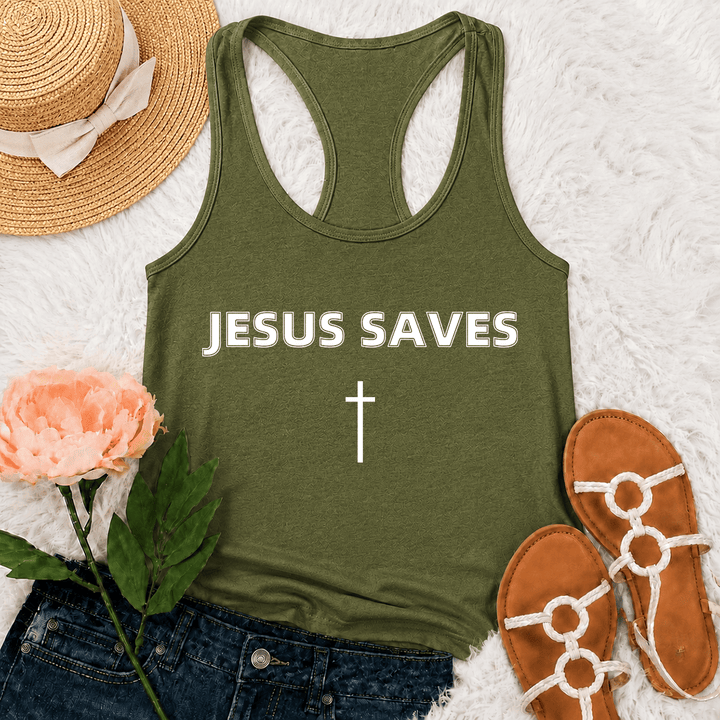 Christianartworkshop Canotta da corsa con scritta "Jesus Saves Bold Block Letter Simple Vertical Cross Minimal Graphic Racerback" - Verde militare - 2XL - image 21