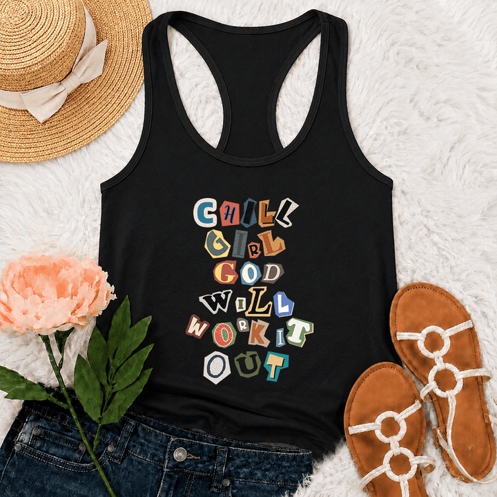 Christianartworkshop Canotta da corsa con grafica verticale "Chill Girl God Will Work It Out" e nota di riscatto "Ransom Note Cut Paper Mixed Letter Vertical Stack Graphic Racerback Tank Top" - Nero - 2XL - image 6