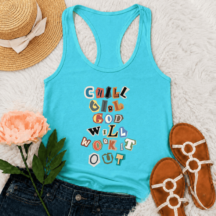 Christianartworkshop Canotta da corsa con grafica verticale "Chill Girl God Will Work It Out" e nota di riscatto "Ransom Note Cut Paper Mixed Letter Vertical Stack Graphic Racerback Tank Top" - Menta - 2XL - image 9