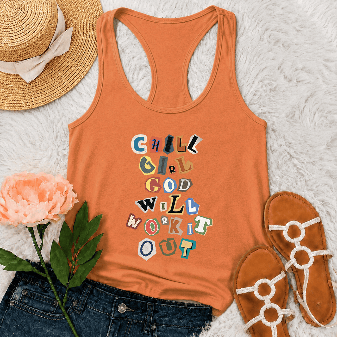 Christianartworkshop Canotta da corsa con grafica verticale "Chill Girl God Will Work It Out" e nota di riscatto "Ransom Note Cut Paper Mixed Letter Vertical Stack Graphic Racerback Tank Top" - Arancia - 2XL - image 21