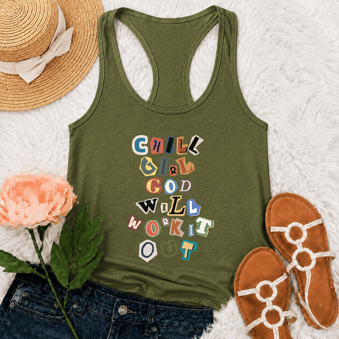 Christianartworkshop Canotta da corsa con grafica verticale "Chill Girl God Will Work It Out" e nota di riscatto "Ransom Note Cut Paper Mixed Letter Vertical Stack Graphic Racerback Tank Top" - Verde militare - 2XL - image 24