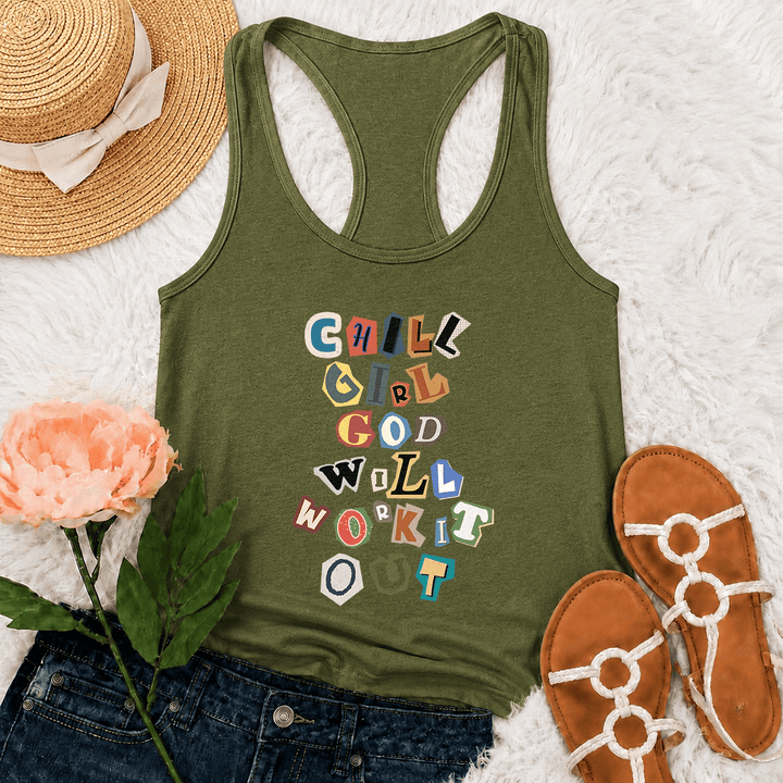 Christianartworkshop Canotta da corsa con grafica verticale "Chill Girl God Will Work It Out" e nota di riscatto "Ransom Note Cut Paper Mixed Letter Vertical Stack Graphic Racerback Tank Top" - Verde militare - 2XL - image 24