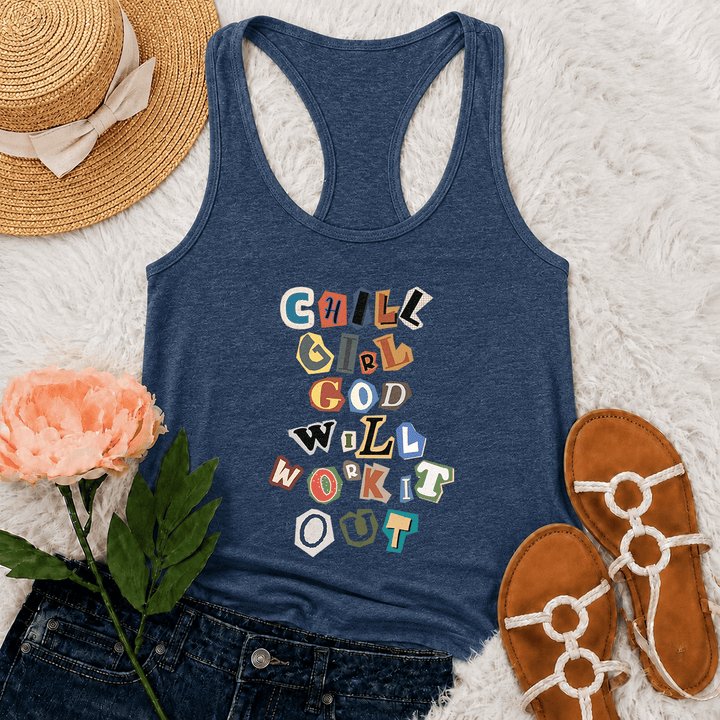 Christianartworkshop Canotta da corsa con grafica verticale "Chill Girl God Will Work It Out" e nota di riscatto "Ransom Note Cut Paper Mixed Letter Vertical Stack Graphic Racerback Tank Top" - Blu navy - 2XL - image 27