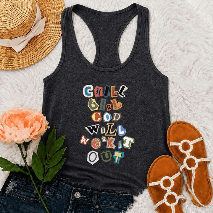 Christianartworkshop Canotta da corsa con grafica verticale "Chill Girl God Will Work It Out" e nota di riscatto "Ransom Note Cut Paper Mixed Letter Vertical Stack Graphic Racerback Tank Top" - Grigio - 2XL - image 18
