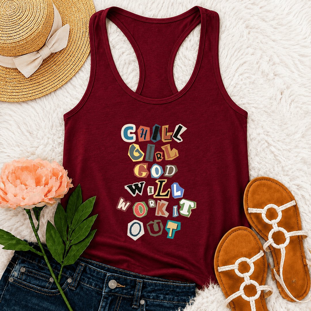 Christianartworkshop Canotta da corsa con grafica verticale "Chill Girl God Will Work It Out" e nota di riscatto "Ransom Note Cut Paper Mixed Letter Vertical Stack Graphic Racerback Tank Top" - Vino - 2XL - image 15