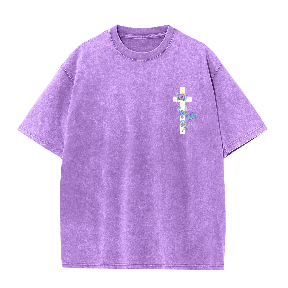 Christianartworkshop It Is Well With My Soul Watercolor Wildflower Full Back Print Floral Cross Left Chest Vintage Washed Unisex T Shirt - image 1