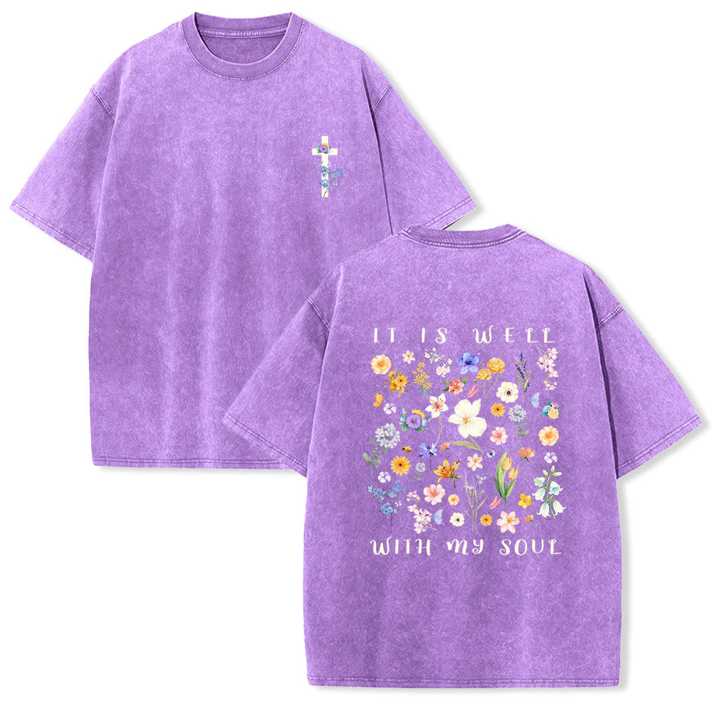 Christianartworkshop It Is Well With My Soul Watercolor Wildflower Full Back Print Floral Cross Left Chest Vintage Washed Unisex T Shirt - Viola - 5XL - image 0