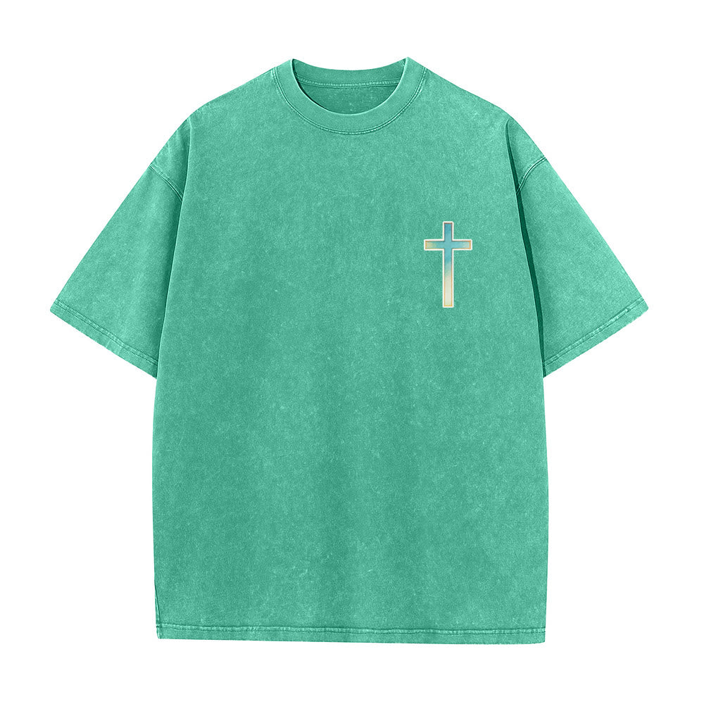 Christianartworkshop Quando attraversi le acque profonde Meduse Ibisco Corallo Arco Stampa Schiena Piccola Croce Gradiente Petto Vintage Lavato T-shirt Unisex - image 1