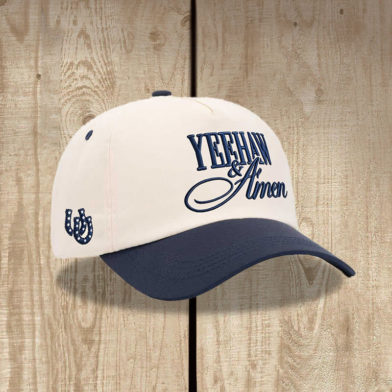 Christianartworkshop Cappellino da baseball regolabile in stile western con ricamo frontale a ferro di cavallo e scritta in stampatello maiuscolo e corsivo in grassetto. - Blu navy - image 0