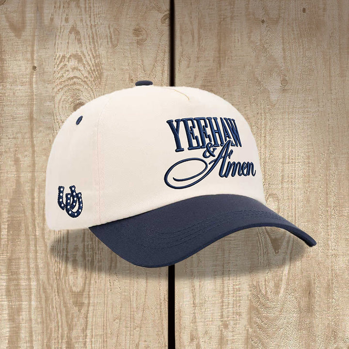 Christianartworkshop Cappellino da baseball regolabile in stile western con ricamo frontale a ferro di cavallo e scritta in stampatello maiuscolo e corsivo in grassetto. - Blu navy - image 0