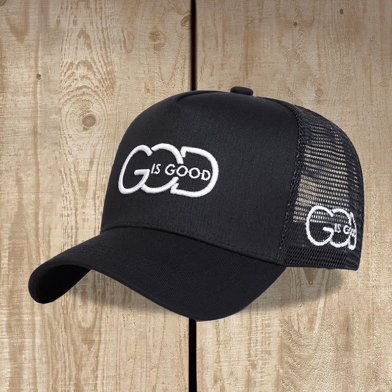Christianartworkshop Cappellino trucker minimalista con monogramma collegato, ricamo su entrambi i lati, visiera curva e retro in rete, colore Dio è buono. - Nero - image 1