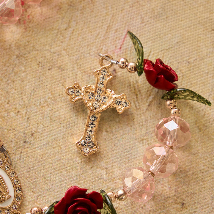 Christianartworkshop Rosario di preghiera fatto a mano con rosa, perline di vetro rosa sfaccettate, raffigurante la Madonna di Guadalupe con crocifisso. - image 6