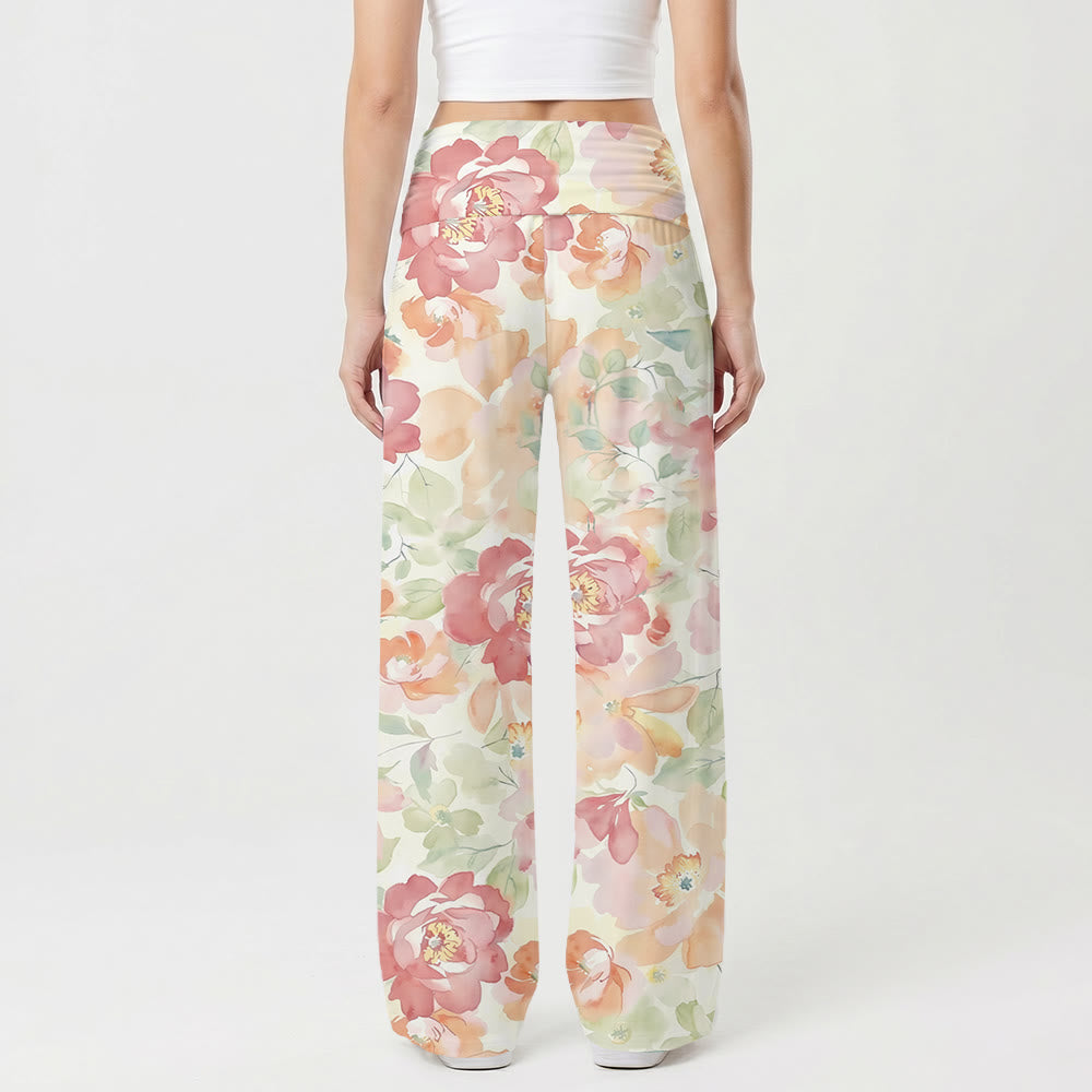 Christianartworkshop Pantaloni a gamba larga con stampa floreale di peonie ad acquerello e crocifisso, vita alta e risvolto, con crocifisso all-over. - image 1