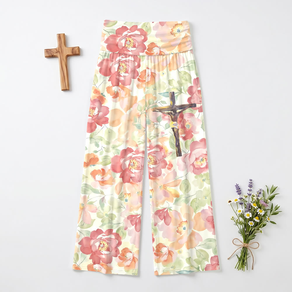 Christianartworkshop Pantaloni a gamba larga con stampa floreale di peonie ad acquerello e crocifisso, vita alta e risvolto, con crocifisso all-over. - image 2