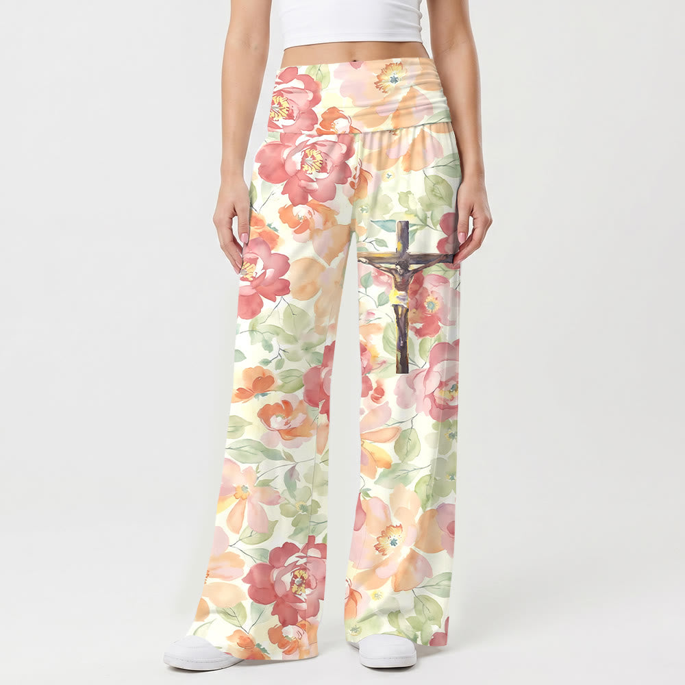 Christianartworkshop Pantaloni a gamba larga con stampa floreale di peonie ad acquerello e crocifisso, vita alta e risvolto, con crocifisso all-over. - US22,UK/AU26,EU54 (6XL) - image 0