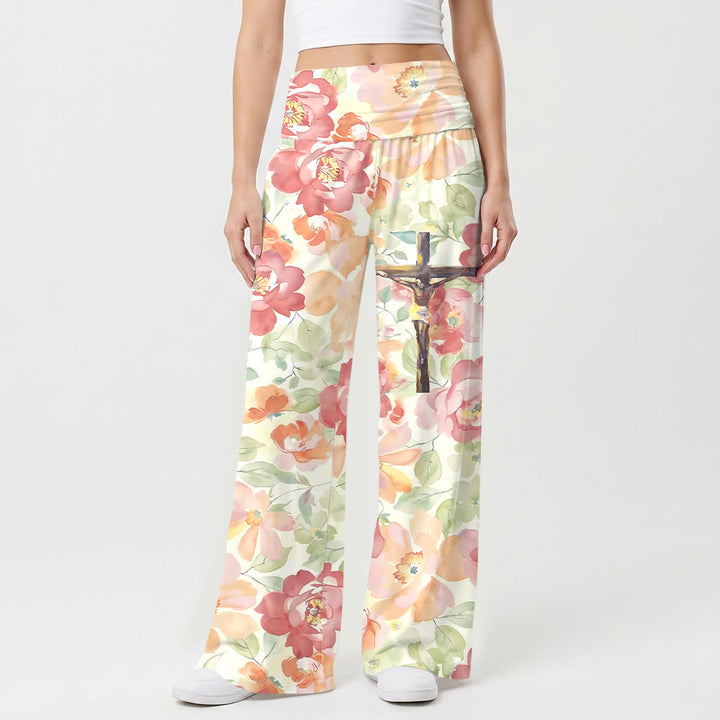 Christianartworkshop Pantaloni a gamba larga con stampa floreale di peonie ad acquerello e crocifisso, vita alta e risvolto, con crocifisso all-over. - US22,UK/AU26,EU54 (6XL) - image 0