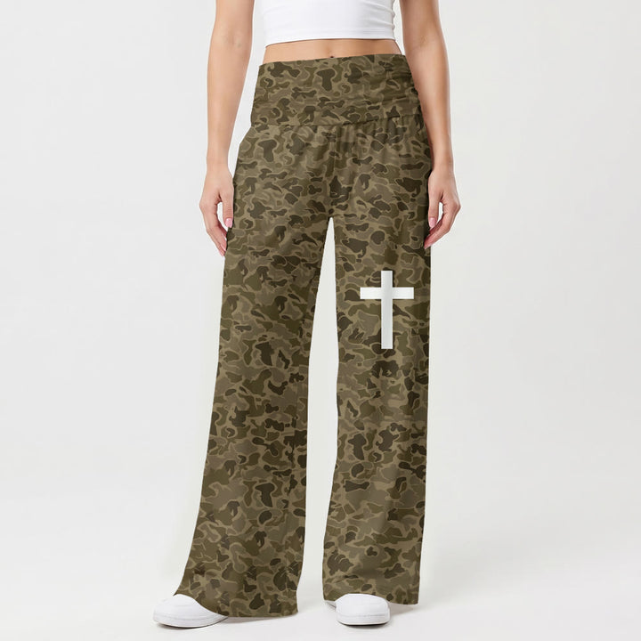 Christianartworkshop Pantaloni a vita alta elasticizzati a gamba larga con stampa mimetica nei toni della terra e grafica verticale incrociata sulla coscia. - US22,UK/AU26,EU54 - image 0