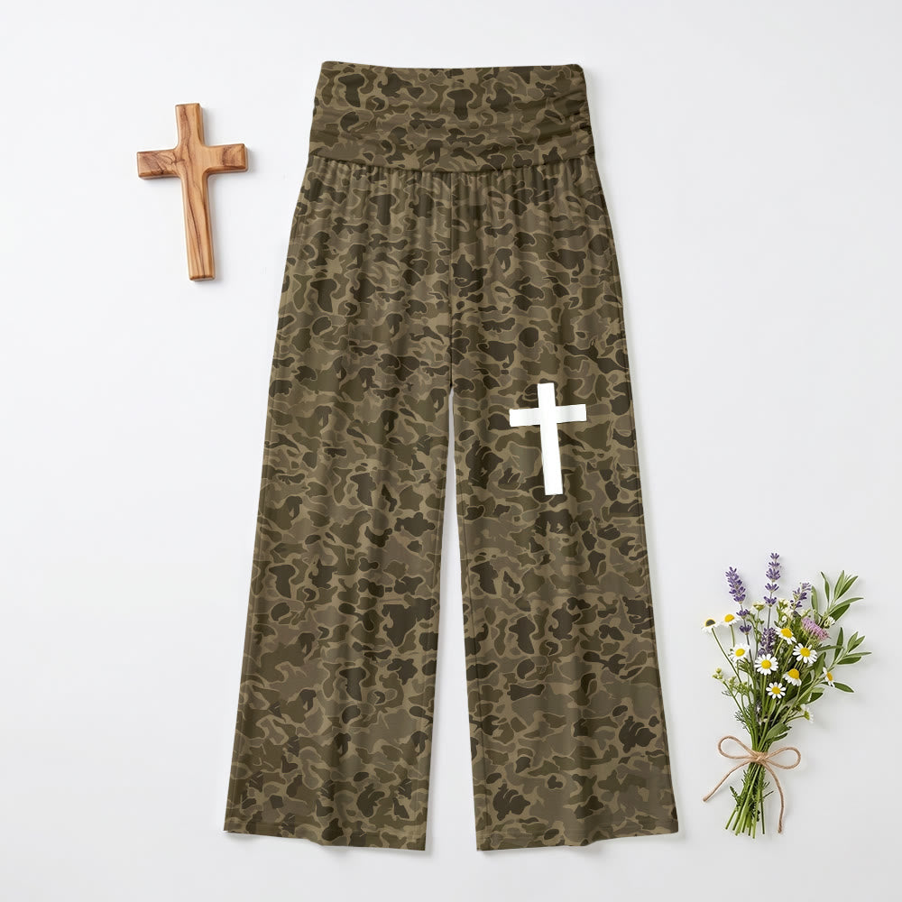 Christianartworkshop Pantaloni a gamba larga elasticizzati a vita alta con stampa mimetica nei toni della terra, grafica a croce verticale, vita alta e stampa a croce, tinta unita, Christianartworkshop - image 2