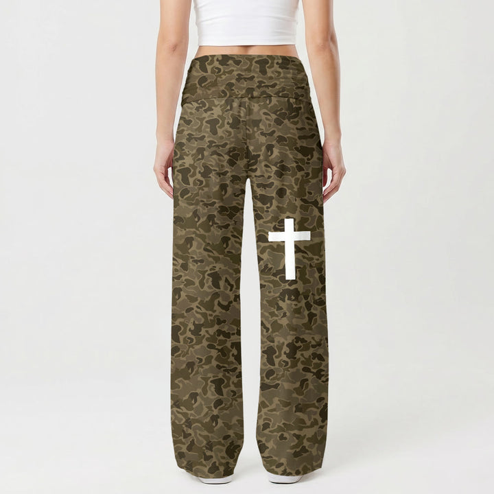 Christianartworkshop Pantaloni a gamba larga elasticizzati a vita alta con stampa mimetica nei toni della terra, grafica a croce verticale, vita alta e stampa a croce, tinta unita, Christianartworkshop - image 1